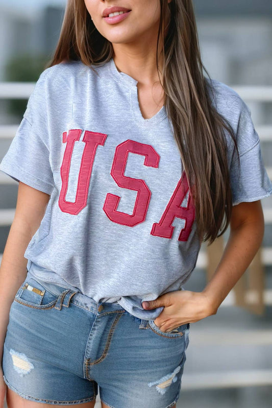 Women USA Lettering Patch Short Sleeve Graphic Tee | S-XL