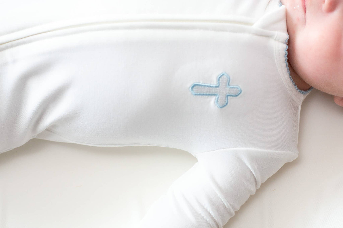 Blue Cross Embroidered Zip Romper: 0-3 mo