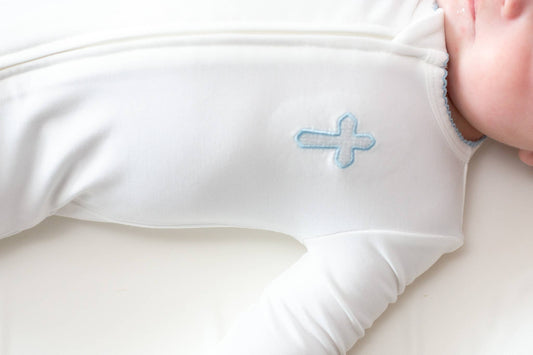 Blue Cross Embroidered Zip Romper: 0-3 mo