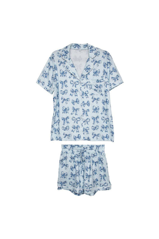 Toile Print Coquette Bows Cute Pajamas: Light Blue / M