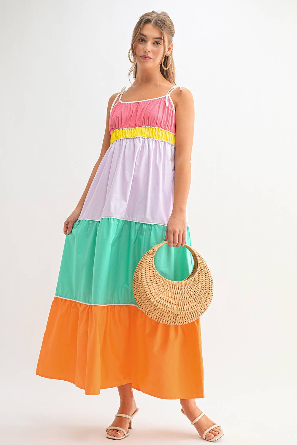 Colorblock Tie Straps Tiered Maxi Dress with Pockets | S-XL
