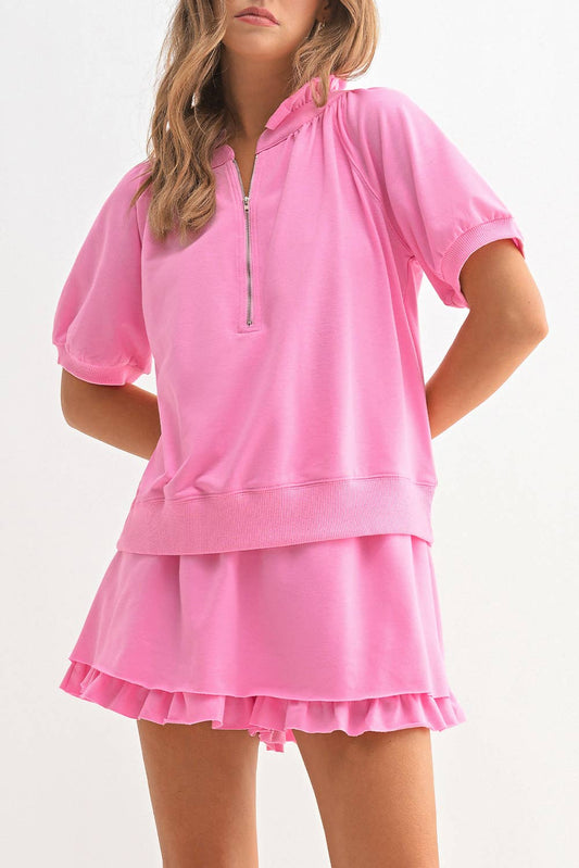 Pink  Zip Front Puff Sleeve Top & Ruffled Shorts Set | S-XL