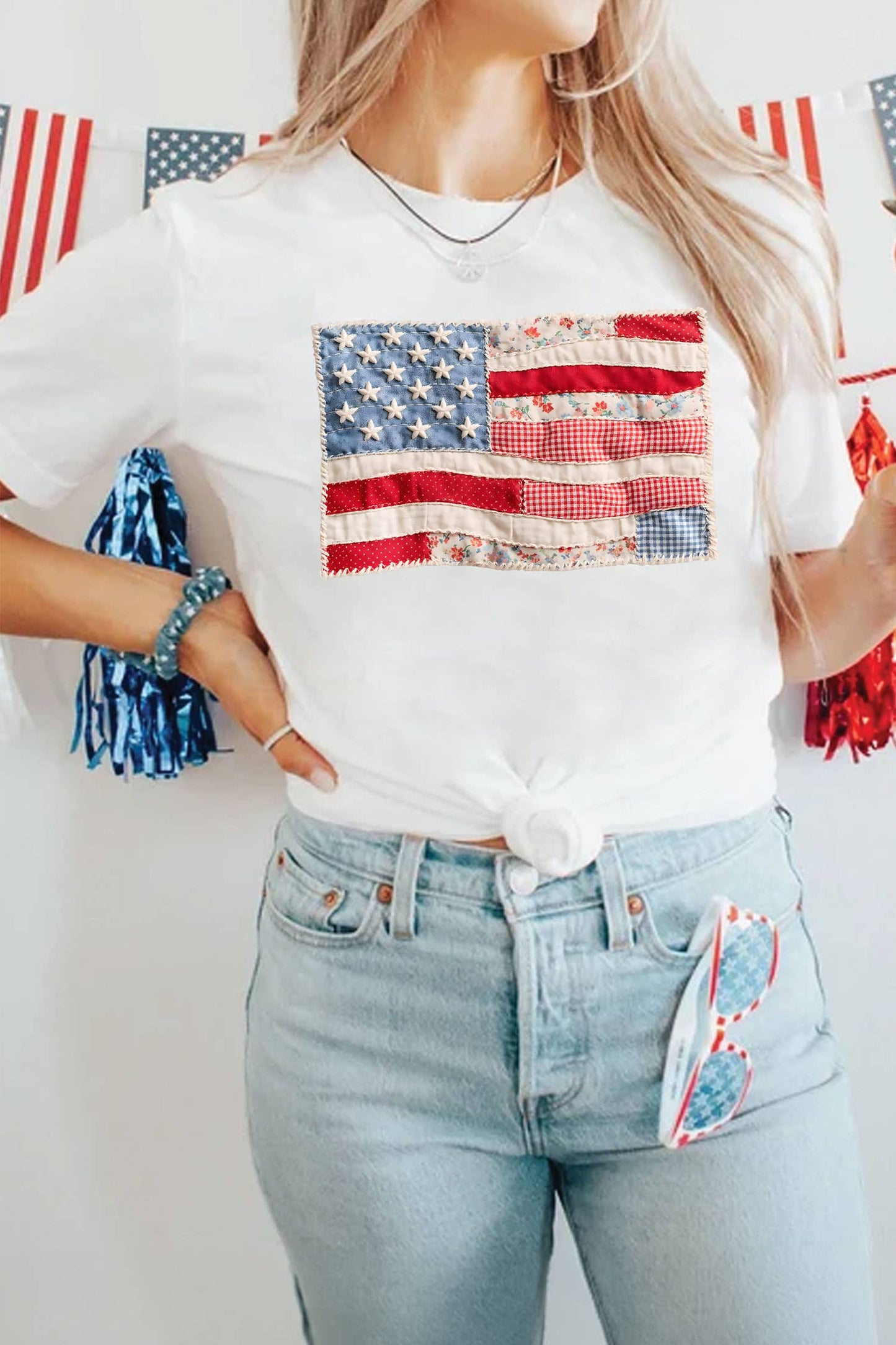 LDC 4th of July Faux Patchwork Printed US Flag Casual Tee: White / S