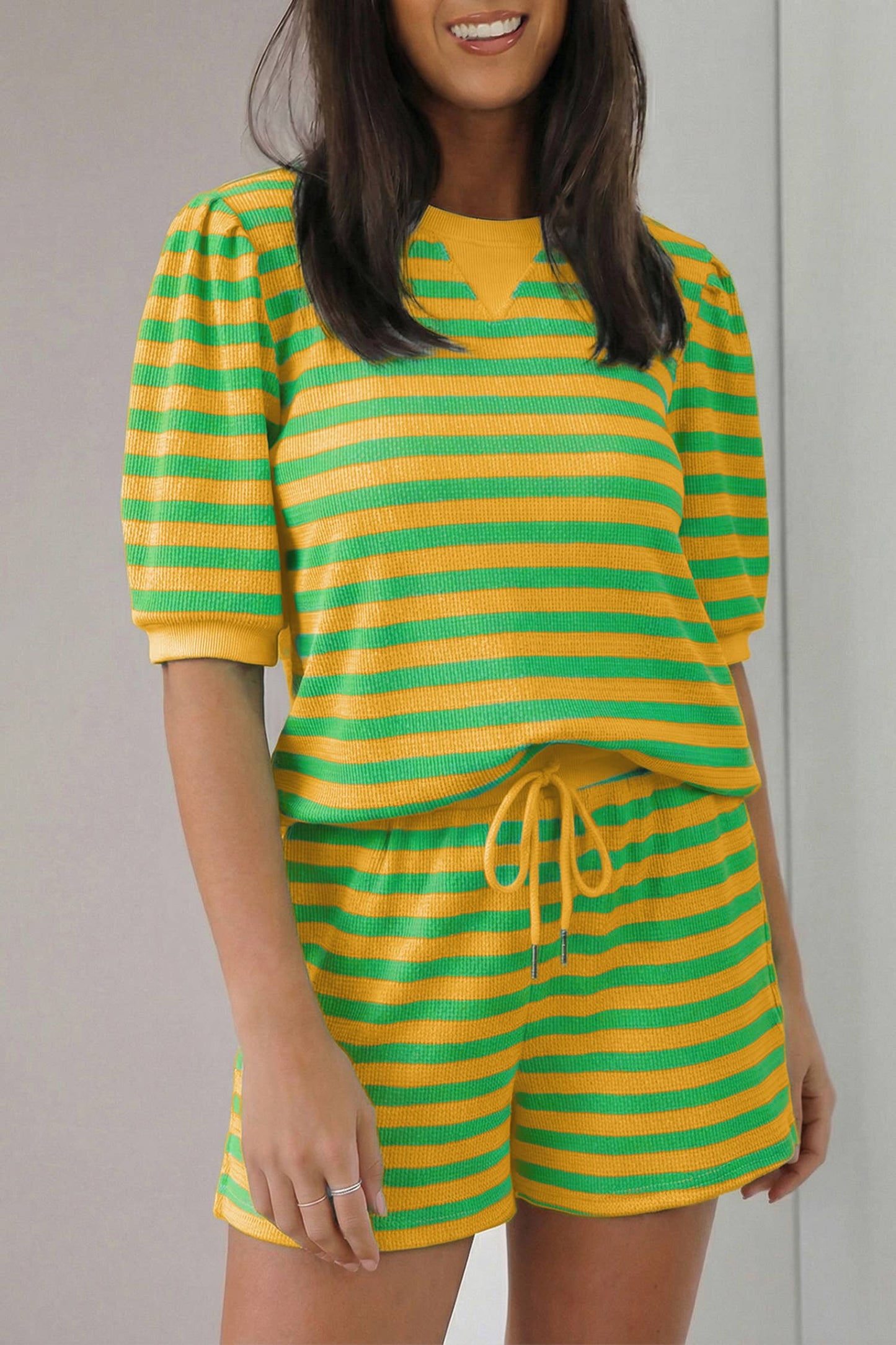 LDC Stripe Spring Puff Sleeve Shirt Matching Shorts Set (Green Stripe)