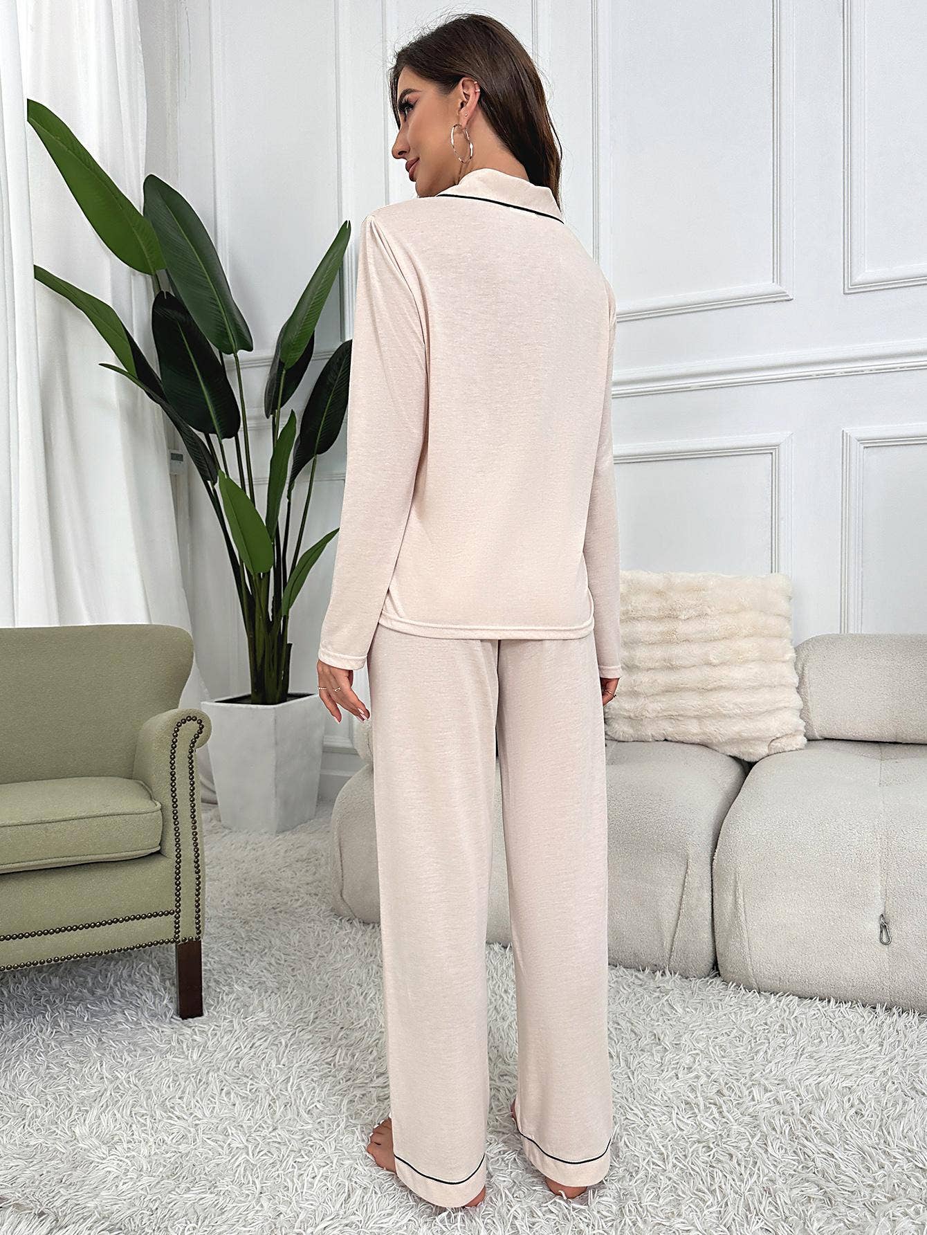 Beige Women Pajama Set Long Sleeve Top and Pants