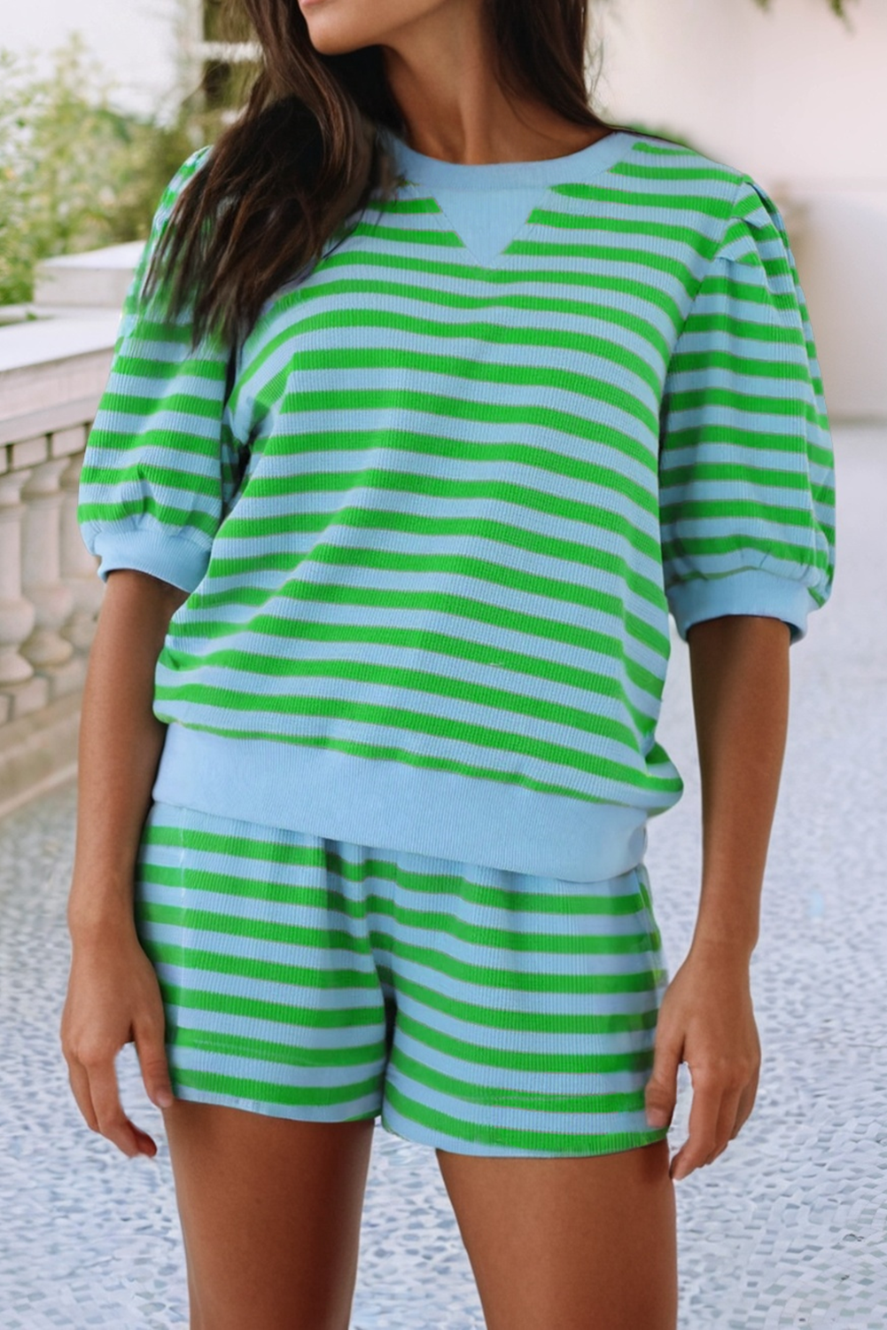 LDC Stripe Spring Puff Sleeve Shirt Matching Shorts Set (Green Stripe)