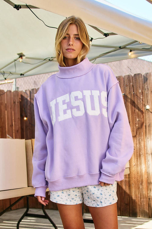 'JESUS' Embroidered Mockneck Sweatshirt LAVENDER