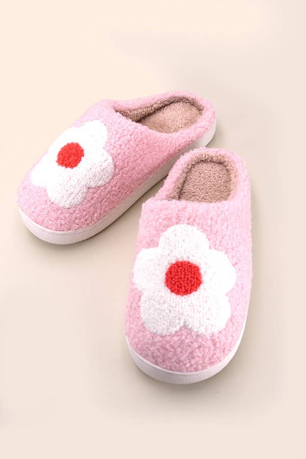 SOFT PLUSH MUSHROOM HEART RAINBOW WARM SLIPPERS | FLOWER PINK