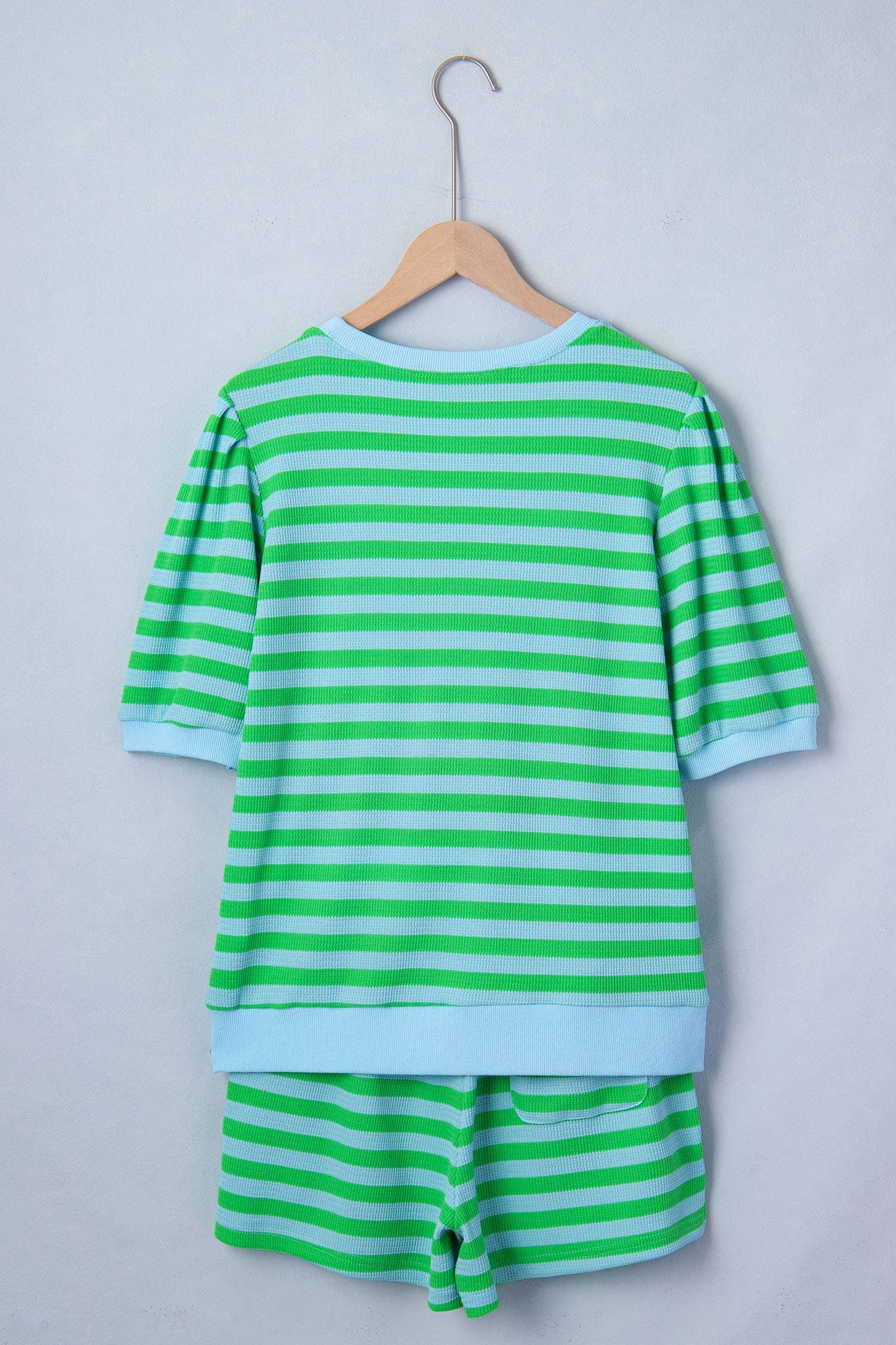 LDC Stripe Spring Puff Sleeve Shirt Matching Shorts Set (Green Stripe)