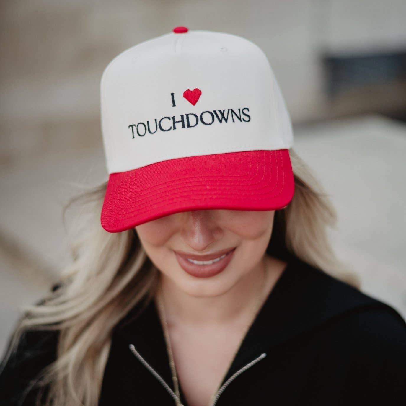 I Heart Touchdowns Vintage Trucker Hat: Black and Tan