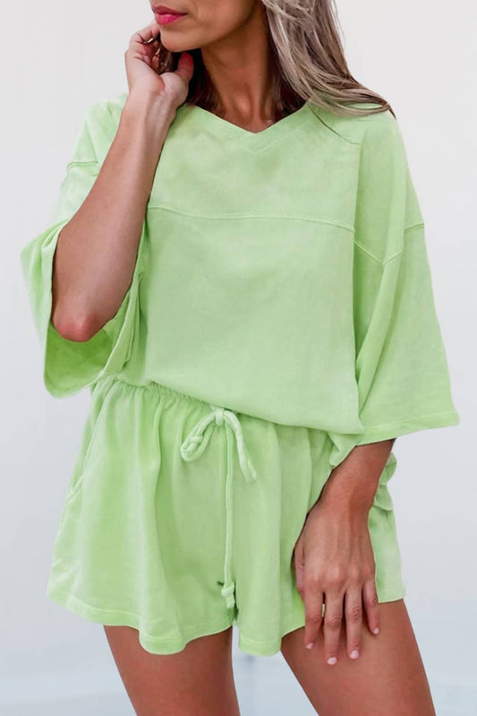 Solid V Neck Half Sleeve Tee and Shorts 2 Pcs Set | S-XL