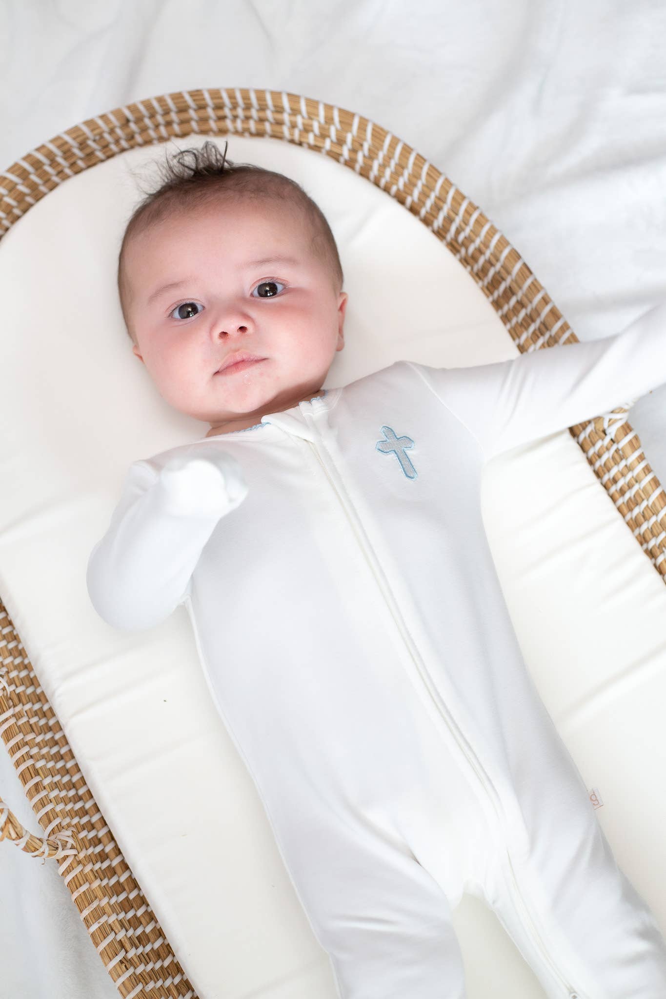 Blue Cross Embroidered Zip Romper: 0-3 mo