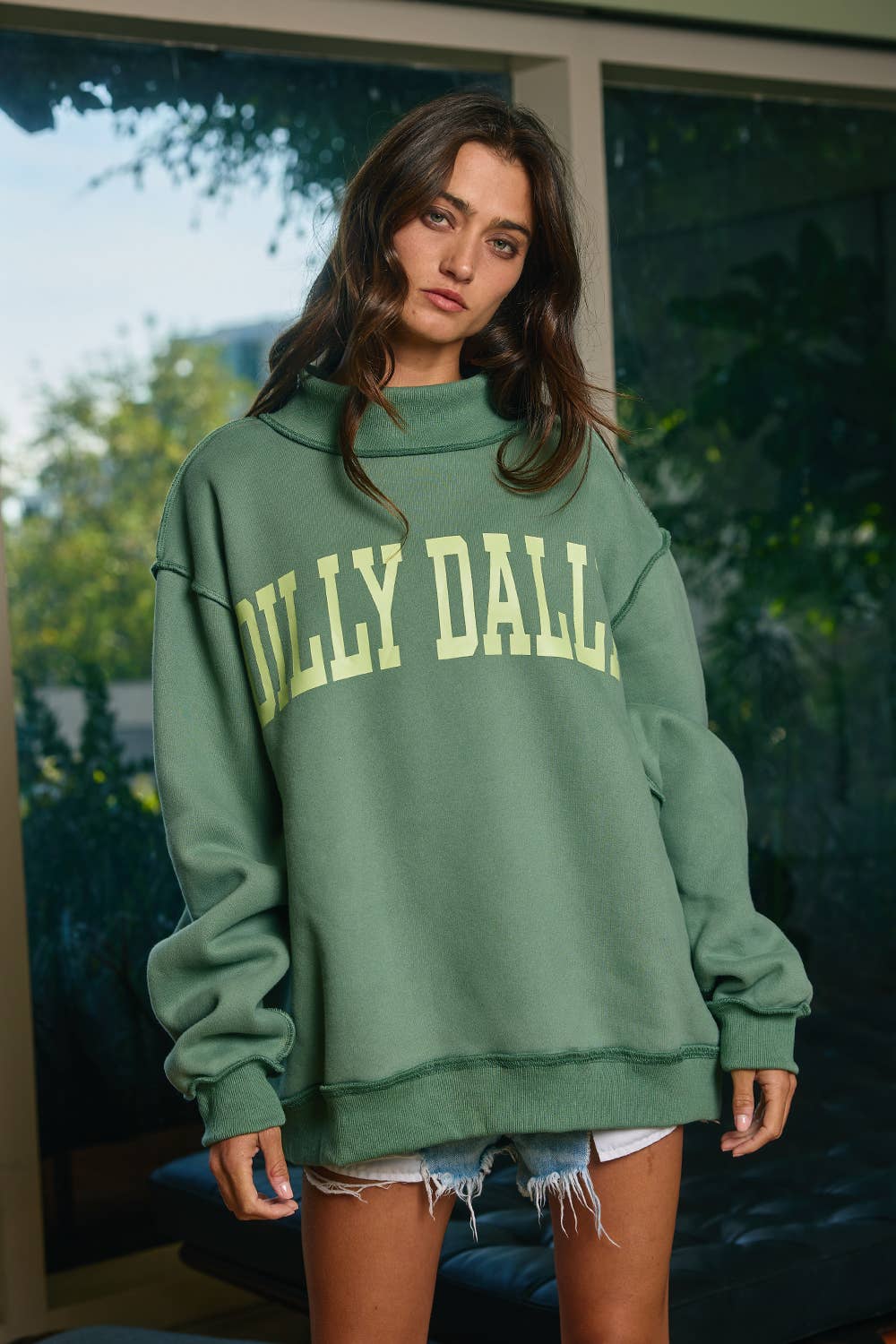 'DILLY DALLY' Mockneck Sweatshirt Green/Neon lime