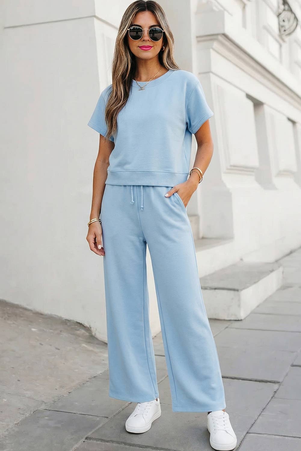 Soft Color Tee & Wide Leg Pants 2pcs Set