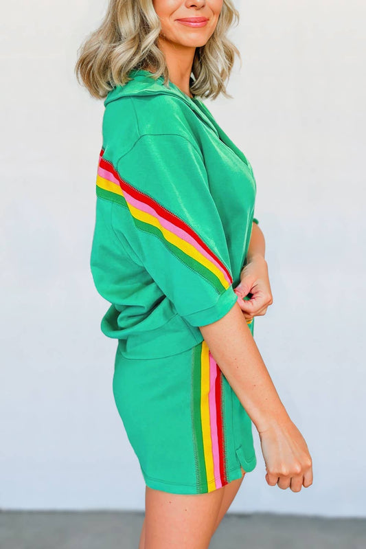 Striped Colorblock Detail Collarred Shorts Set | S-XL