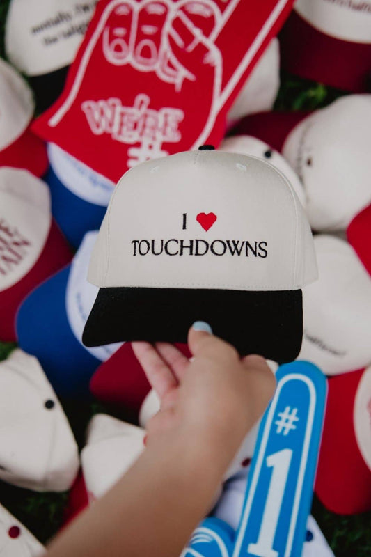 I Heart Touchdowns Vintage Trucker Hat: Black and Tan
