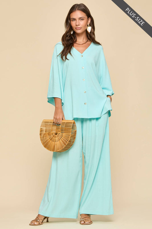 PLUS SIZE 2-Piece Linen Summer Set: BLUE