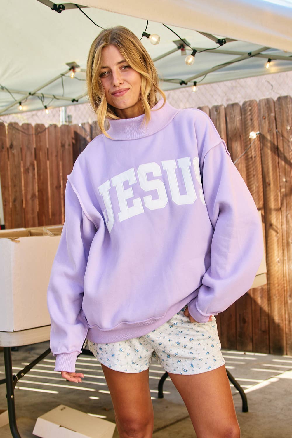 'JESUS' Embroidered Mockneck Sweatshirt LAVENDER