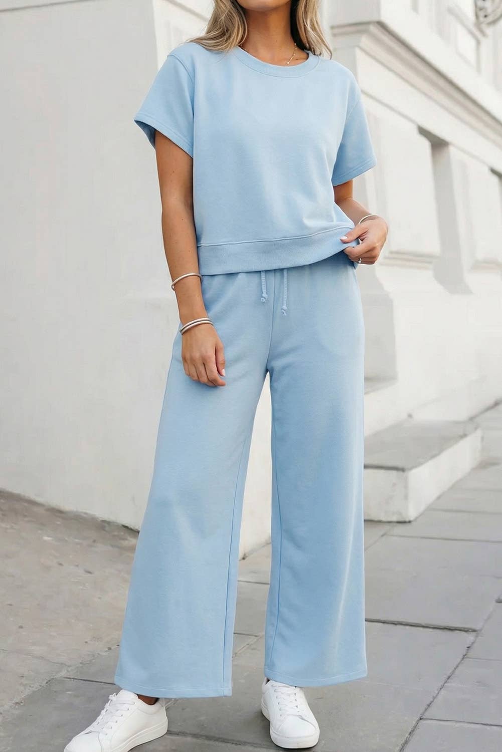Soft Color Tee & Wide Leg Pants 2pcs Set