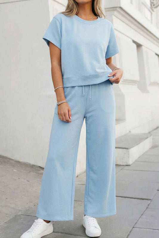 Soft Color Tee & Wide Leg Pants 2pcs Set