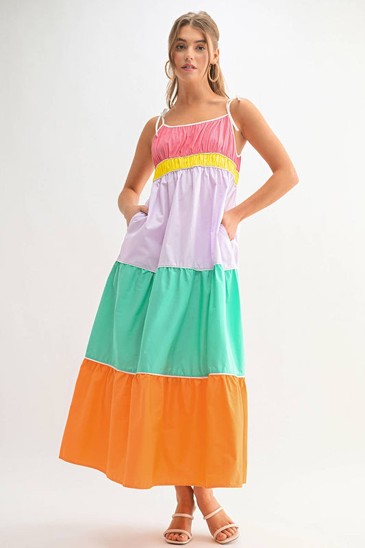 Colorblock Tie Straps Tiered Maxi Dress with Pockets | S-XL