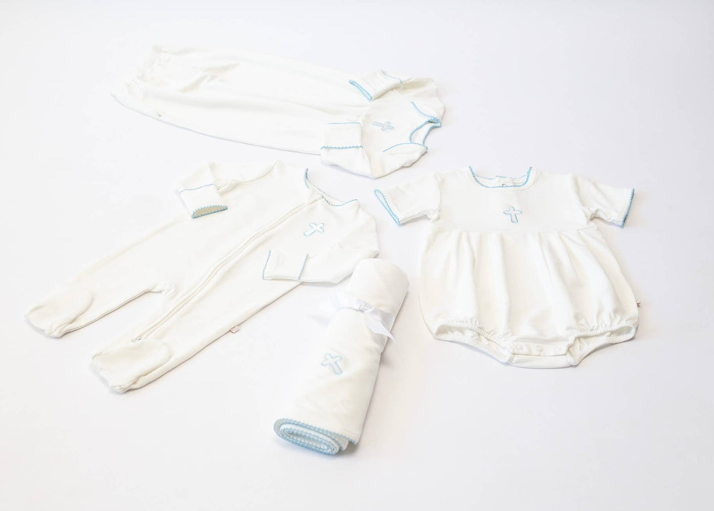 Blue Cross Embroidered Zip Romper: 0-3 mo