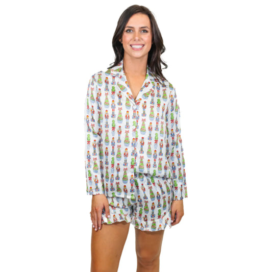 Festive Nutcracker Satin Pajama Long Sleeve Short Set