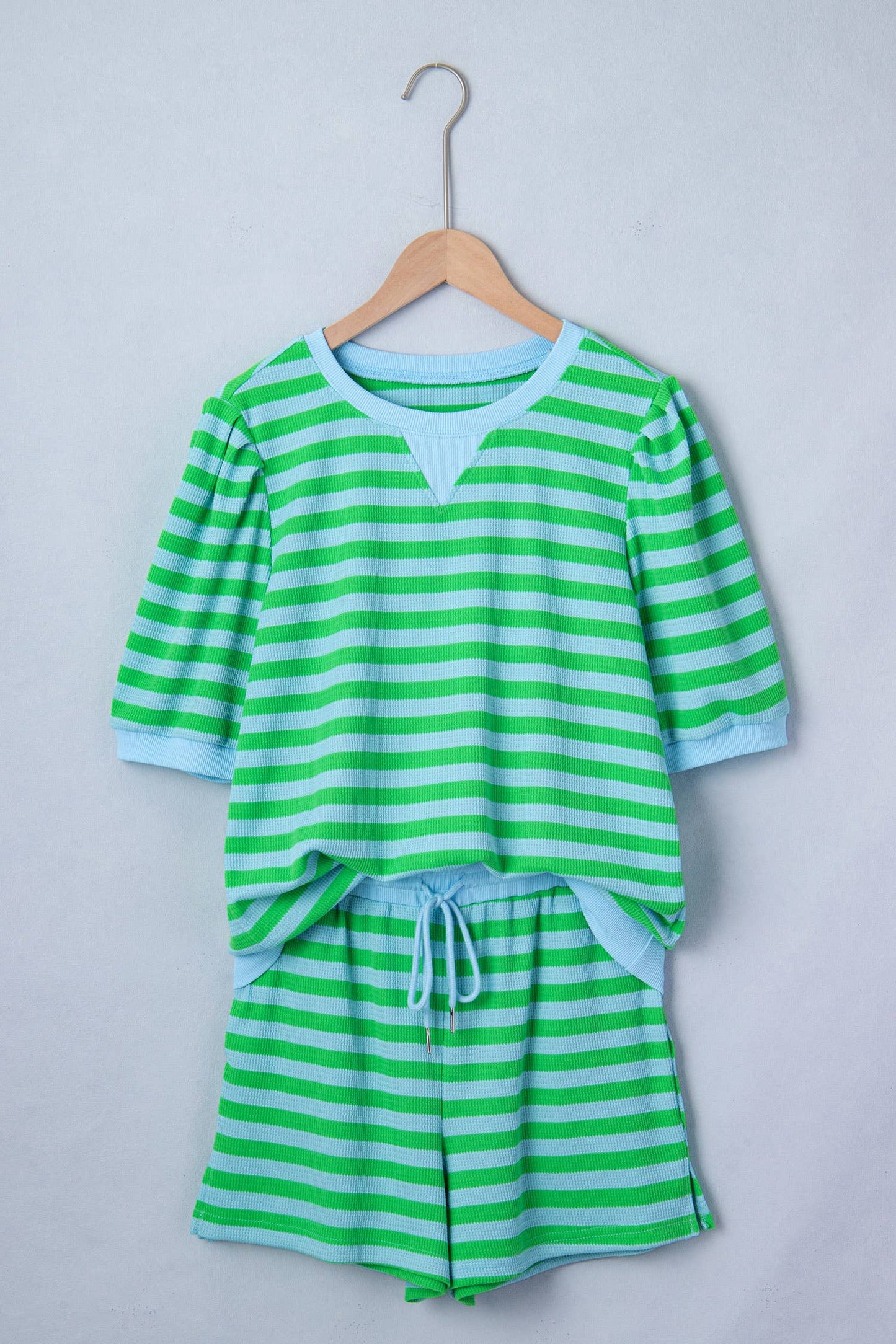 LDC Stripe Spring Puff Sleeve Shirt Matching Shorts Set (Green Stripe)