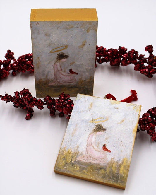 Handpainted Glittered MDF Ornament, Angel with Cardinal ©Tawnya Norton