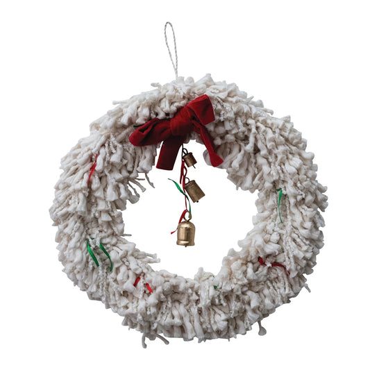 Handmade Cotton Yarn Wreath with Red Bow & Metal Bells