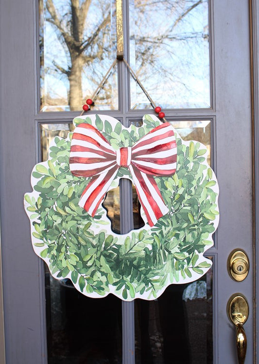 Cutout MDF Wreath Door Decor Red Stripe Bow 24"