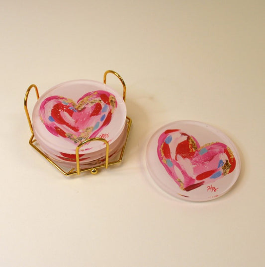 Set of 4 Acrylic Coasters in Metal Stand, Hearts ©Haley Bush