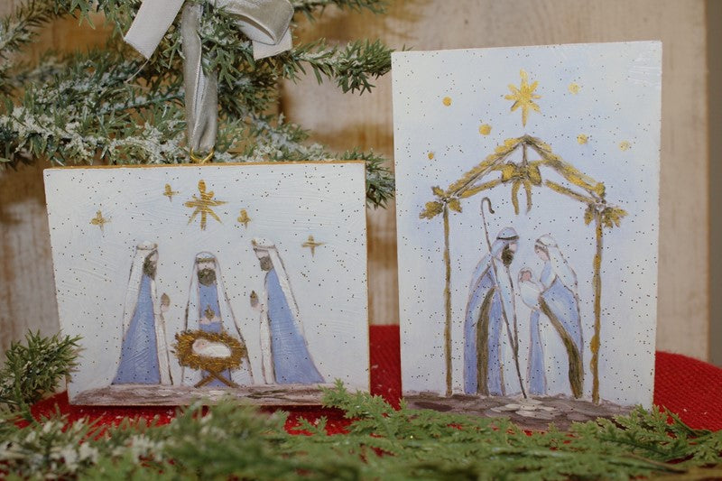 4x1x6" Handpainted Holy Family in Bow Creche, Gold Glitter