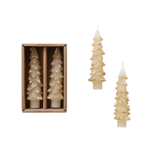 Short Unscented Tree Shaped Taper Candles w/ Gold Tips in Box, Eggnog Color, Set of 2