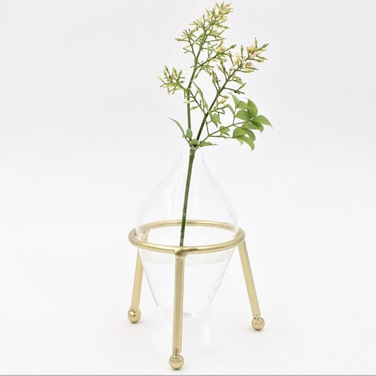 4" Glass Bottle Vase in Gold Tripod Stand
