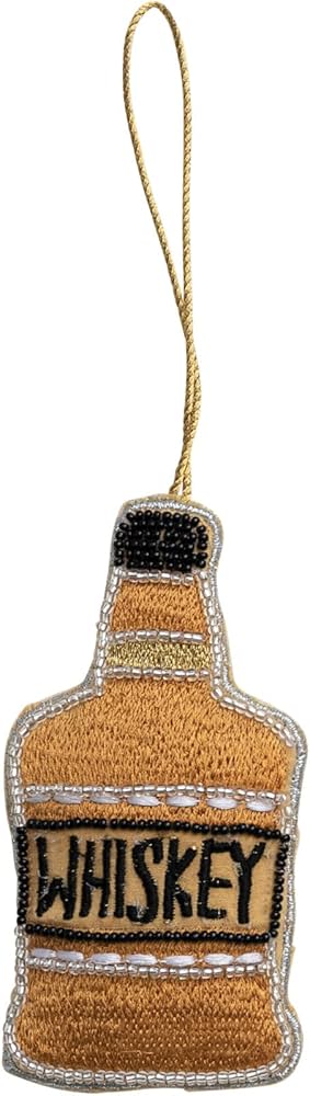 Fabric Whiskey Bottle Ornament w/ Embroidery & Beads, Multi Color