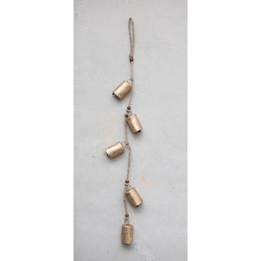 28"H Hanging Metal Bells with Wood Beads and Jute Rope, Antique Brass Finish