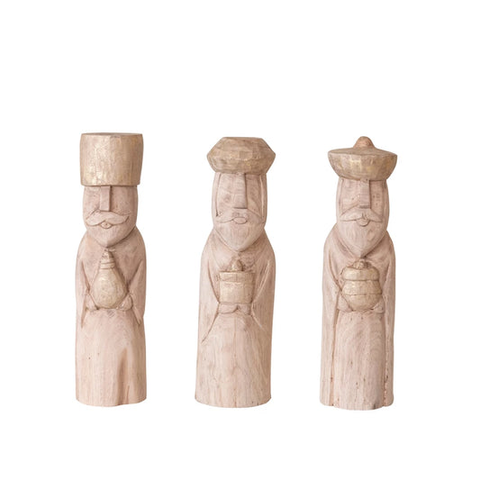 Hand-Carved Mango Wood Wise Men, Natural & Rubbed Gold Finish, Set of 3