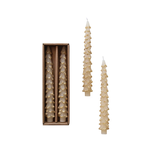 10"H Unscented Tree Shaped Taper Candes in Box, Eggnog Color, Set of 2