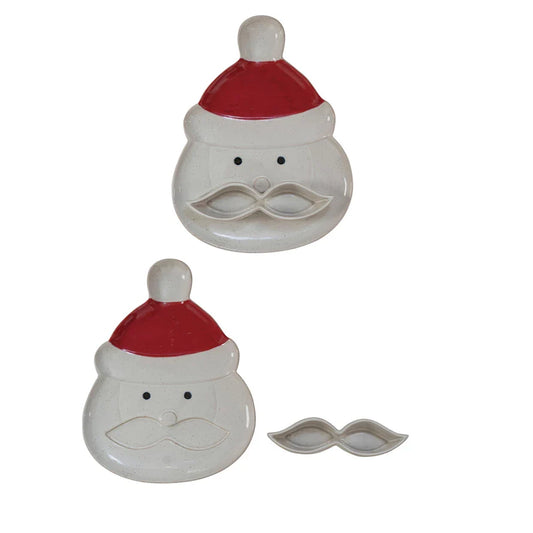 Stoneware Santa Head Shaped Platter w/ Mustache Dish, Set of 2