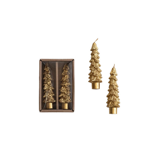 Short Unscented Tree Shaped Taper Candles Gold in Box, Set of 2