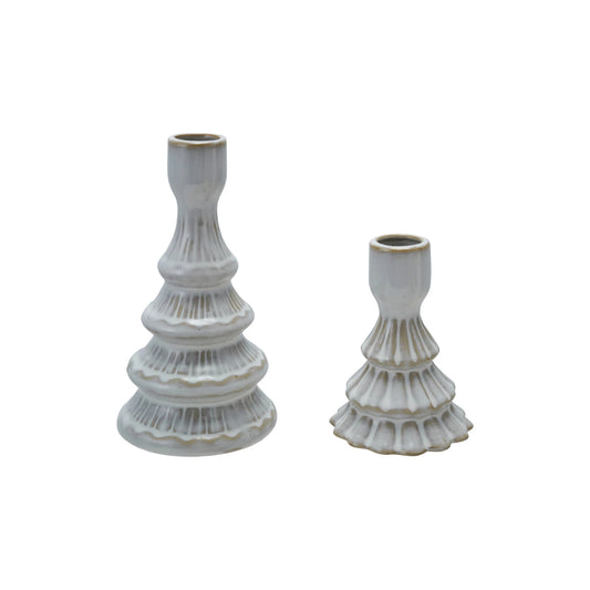 Stoneware Tree Shaped Taper Holder, White, Set of 2