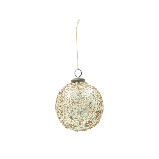 4" Round Glass Ball Ornament with Sequins, Gold Finish