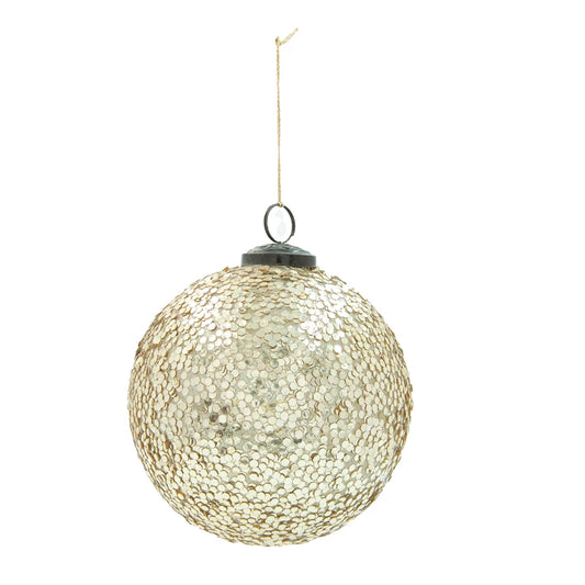 5" Round Glass Ball Ornament with Sequins, Gold Finish