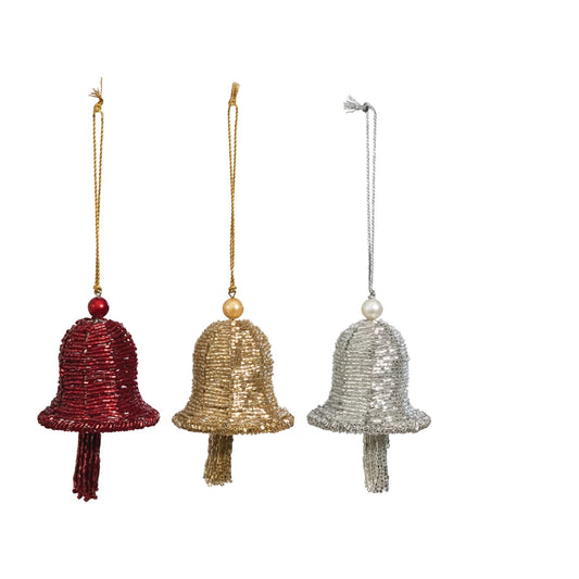 3"H Handmade Beaded Wire Bell Ornament with Tassel, 3 Colors