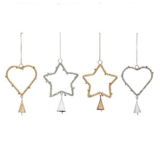 Glass Beaded Metal Star/Heart Ornament with Bell, 2 Styles