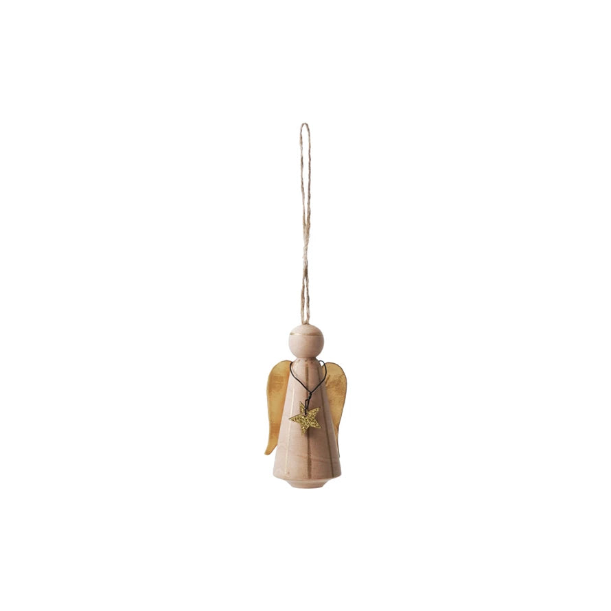 Pine Wood & Metal Hanging Wire Angel with Stripes, Star & Glitter